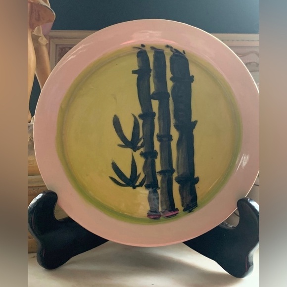 Hand Made & Painted "Bamboo" Pottery Plate by VR - Picture 1 of 4
